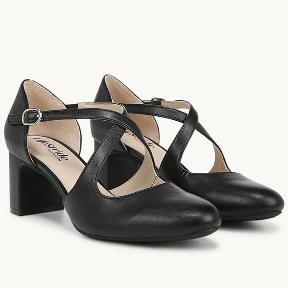 LifeStride Shoes - LifeStride Tracy Sz 8W Black Faux Leather Strappy Block Heel Pumps Wide NEW